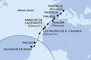Brazílie, Španělsko, Maroko, Francie ze Salvadoru na lodi MSC Grandiosa