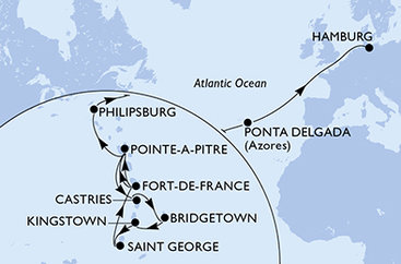 Martinik, Guadeloupe, Svatá Lucie, Barbados, Svatý Vincenc a Grenadiny, Grenada, Svatý Martin, Portugalsko, Německo z Fort-de-France na lodi MSC Virtuosa