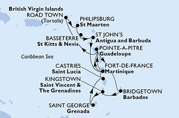 Martinik, Guadeloupe, Britské Panenské ostrovy, Svatý Martin, Svatý Kryštof a Nevis, Antigua a Barbuda, Barbados, Svatý Vincenc a Grenadiny, Grenada, Svatá Lucie z Fort-de-France, Martinik na lodi MSC Virtuosa