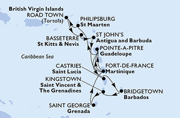 Martinik, Guadeloupe, Svatý Martin, Britské Panenské ostrovy, Svatý Kryštof a Nevis, Antigua a Barbuda, Svatá Lucie, Barbados, Svatý Vincenc a Grenadiny, Grenada z Fort-de-France, Martinik na lodi MSC Virtuosa