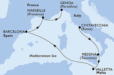 Itálie, Sicílie, Malta, Španělsko, Francie z Civitavecchia na lodi MSC World Europa