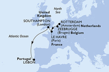 Nizozemsko, Belgie, Francie, Velká Británie, Portugalsko z Rotterdamu na lodi MSC Poesia