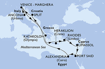 Itálie, Řecko, Kypr, Egypt, Chorvatsko z Ancony na lodi MSC Lirica