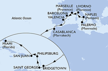 Itálie, Francie, Španělsko, Maroko, Barbados, Grenada, Svatý Martin, USA z Palerma na lodi MSC Seaside