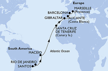 Brazílie, Španělsko, Velká Británie, Francie ze Santosu na lodi MSC Seaview