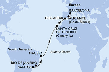Brazílie, Španělsko, Velká Británie ze Santosu na lodi MSC Seaview