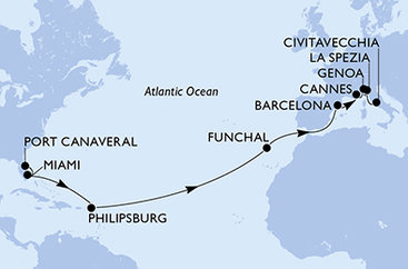 USA, Svatý Martin, Portugalsko, Španělsko, Francie, Itálie z Port Canaveralu na lodi MSC Grandiosa