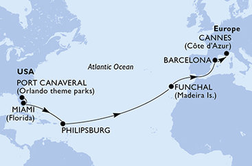 USA, Svatý Martin, Portugalsko, Španělsko, Francie z Port Canaveralu na lodi MSC Grandiosa
