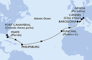 USA, Svatý Martin, Portugalsko, Španělsko, Francie, Itálie z Port Canaveralu na lodi MSC Grandiosa