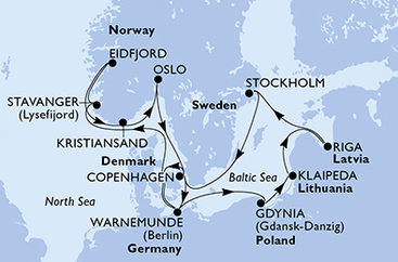 Německo, Polsko, Litva, Lotyšsko, Švédsko, Dánsko, Norsko z Warnemünde na lodi MSC Magnifica