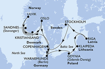 Německo, Norsko, Dánsko, Polsko, Litva, Lotyšsko, Švédsko z Warnemünde na lodi MSC Magnifica