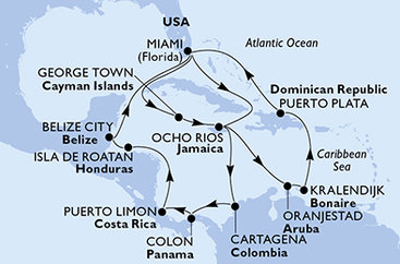 USA, Kajmanské ostrovy, Jamajka, Aruba, Bonaire, Dominikánská republika, Kolumbie, Panama, Kostarika, Honduras, Belize z Miami na lodi MSC Poesia