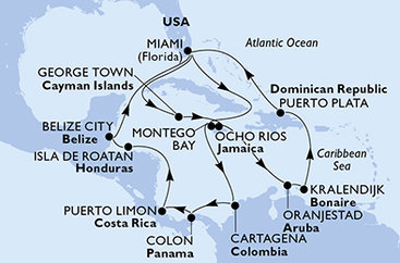 USA, Jamajka, Kolumbie, Panama, Kostarika, Honduras, Belize, Kajmanské ostrovy, Aruba, Bonaire, Dominikánská republika z Miami na lodi MSC Poesia