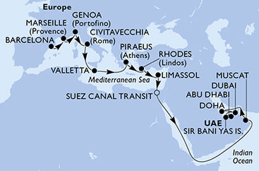 Španělsko, Francie, Itálie, Malta, Řecko, Kypr, Egypt, Omán, Katar, Spojené arabské emiráty z Barcelony na lodi MSC World Europa