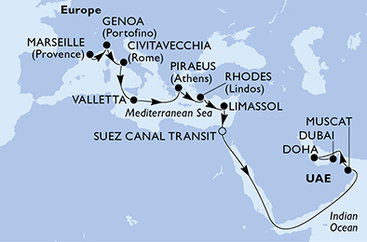 Francie, Itálie, Malta, Řecko, Kypr, Egypt, Omán, Katar, Spojené arabské emiráty z Marseille na lodi MSC World Europa