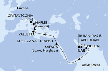 Spojené arabské emiráty, Omán, Egypt, Malta, Itálie z Abu Dhabi na lodi MSC World Europa