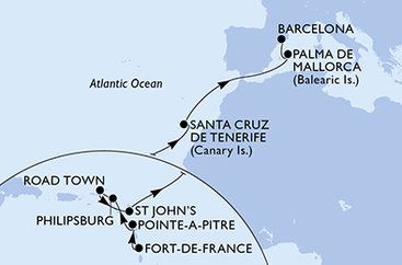 Martinik, Guadeloupe, Svatý Martin, Britské Panenské ostrovy, Antigua a Barbuda, Španělsko z Fort-de-France, Martinik na lodi MSC Seaview