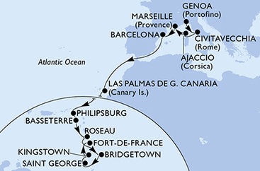 Itálie, Francie, Španělsko, Svatý Martin, Svatý Kryštof a Nevis, Dominika, Barbados, Grenada, Svatý Vincenc a Grenadiny, Martinik z Janova na lodi MSC Seaview