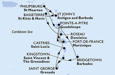 Martinik, Guadeloupe, Svatý Martin, Antigua a Barbuda, Svatý Kryštof a Nevis, Dominika, Barbados, Svatý Vincenc a Grenadiny, Grenada, Svatá Lucie z Fort-de-France, Martinik na lodi MSC Seaview