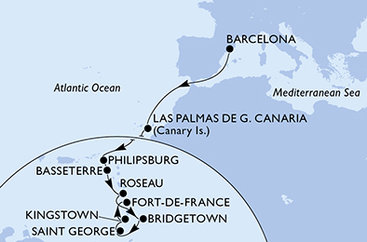 Španělsko, Svatý Martin, Svatý Kryštof a Nevis, Dominika, Barbados, Grenada, Svatý Vincenc a Grenadiny, Martinik z Barcelony na lodi MSC Seaview