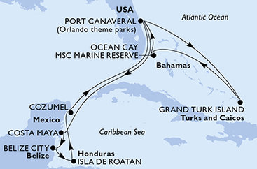 USA, Mexiko, Belize, Honduras, Zámořské území Velké Británie, Bahamy z Port Canaveralu na lodi MSC Seashore