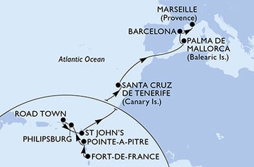 Martinik, Guadeloupe, Svatý Martin, Britské Panenské ostrovy, Antigua a Barbuda, Španělsko, Francie z Fort-de-France, Martinik na lodi MSC Seaview