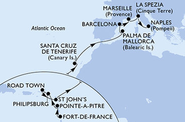 Martinik, Guadeloupe, Svatý Martin, Britské Panenské ostrovy, Antigua a Barbuda, Španělsko, Francie, Itálie z Fort-de-France, Martinik na lodi MSC Seaview