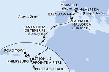 Martinik, Guadeloupe, Svatý Martin, Britské Panenské ostrovy, Antigua a Barbuda, Španělsko, Francie, Itálie z Fort-de-France, Martinik na lodi MSC Seaview