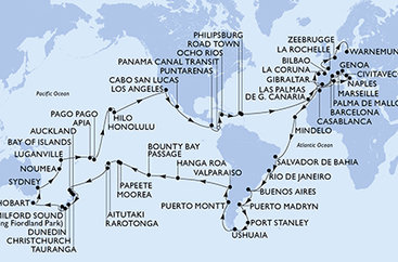 Itálie, Francie, Španělsko, Velká Británie, Maroko, Kapverdy, Brazílie, Argentina, Zámořské území Velké Británie, Chile, Francouzská Polynésie, Cookovy ostrovy, Nový Zéland, Austrálie, Nová Kaledonie, Vanuatská republika, Samoa, Americká Samoa, USA, Mexiko, Kostarika, Panama, Jamajka, Britské Panenské ostrovy, Svatý Martin, Belgie, Německo z Janova na lodi MSC Magnifica