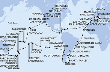 Itálie, Francie, Španělsko, Velká Británie, Maroko, Kapverdy, Brazílie, Argentina, Zámořské území Velké Británie, Chile, Francouzská Polynésie, Cookovy ostrovy, Nový Zéland, Austrálie, Nová Kaledonie, Vanuatská republika, Samoa, Americká Samoa, USA, Mexiko, Kostarika, Panama, Jamajka, Britské Panenské ostrovy, Svatý Martin z Civitavecchia na lodi MSC Magnifica