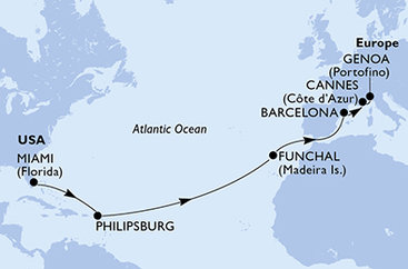 USA, Svatý Martin, Portugalsko, Španělsko, Francie, Itálie z Miami na lodi MSC Grandiosa