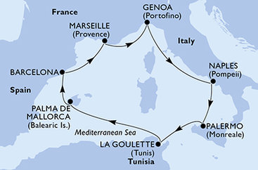 Španělsko, Francie, Itálie, Tunisko z Barcelony na lodi MSC Splendida