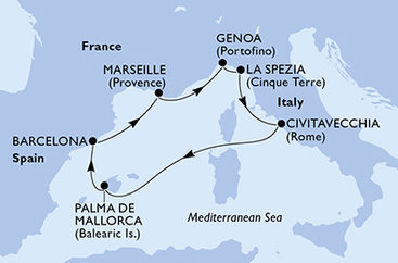 Španělsko, Francie, Itálie z Palma de Mallorca na lodi MSC World Europa