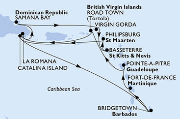 Martinik, Guadeloupe, Britské Panenské ostrovy, Dominikánská republika, Zámořské území Velké Británie, Svatý Kryštof a Nevis, Svatý Martin, Barbados z Fort-de-France, Martinik na lodi MSC Opera