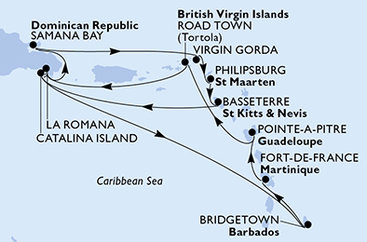 Barbados, Martinik, Guadeloupe, Britské Panenské ostrovy, Dominikánská republika, Zámořské území Velké Británie, Svatý Martin, Svatý Kryštof a Nevis z Bridgetownu na lodi MSC Opera