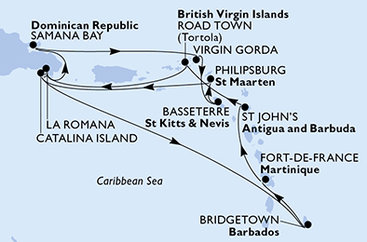Martinik, Antigua a Barbuda, Britské Panenské ostrovy, Dominikánská republika, Zámořské území Velké Británie, Svatý Kryštof a Nevis, Svatý Martin, Barbados z Fort-de-France, Martinik na lodi MSC Opera