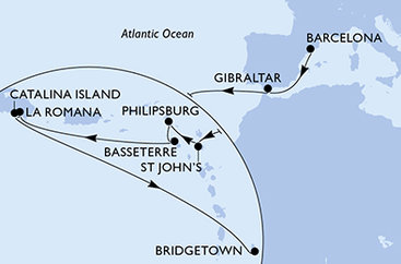 Španělsko, Velká Británie, Antigua a Barbuda, Svatý Martin, Svatý Kryštof a Nevis, Dominikánská republika, Barbados z Barcelony na lodi MSC Opera