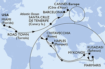 USA, Britské Panenské ostrovy, Španělsko, Francie, Itálie, Řecko, Turecko z Miami na lodi MSC Divina