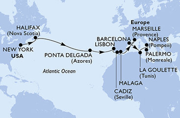 USA, Kanada, Portugalsko, Španělsko, Francie, Tunisko, Itálie z New Yorku na lodi MSC Meraviglia