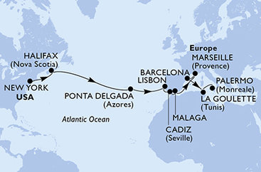 USA, Kanada, Portugalsko, Španělsko, Francie, Tunisko, Itálie z New Yorku na lodi MSC Meraviglia