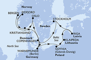 Německo, Polsko, Litva, Lotyšsko, Švédsko, Dánsko, Norsko z Warnemünde na lodi MSC Magnifica