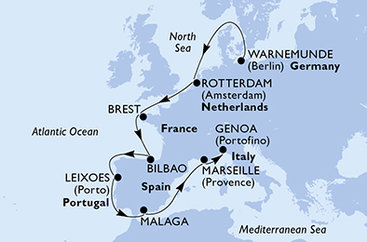 Německo, Nizozemsko, Francie, Španělsko, Portugalsko, Itálie z Warnemünde na lodi MSC Magnifica