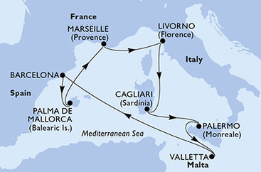 Španělsko, Francie, Itálie, Malta z Barcelony na lodi MSC Splendida