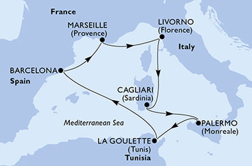 Sicílie, Tunisko, Španělsko, Francie, Itálie, Sardinie z Palerma na lodi MSC Splendida