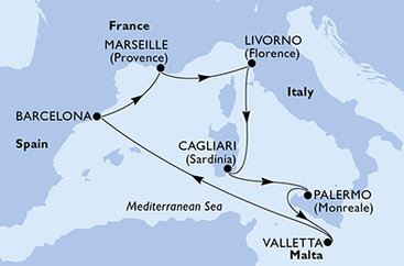 Itálie, Malta, Španělsko, Francie z Livorna na lodi MSC Splendida