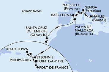 Martinik, Guadeloupe, Svatý Martin, Britské Panenské ostrovy, Antigua a Barbuda, Španělsko, Francie, Itálie z Fort-de-France, Martinik na lodi MSC Seaview