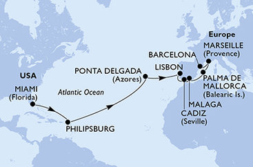 USA, Svatý Martin, Portugalsko, Španělsko, Mallorca, Francie z Miami na lodi MSC Meraviglia