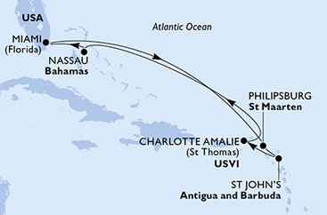 USA, Svatý Martin, Antigua a Barbuda, Bahamy z Miami na lodi MSC Meraviglia