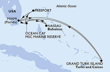 USA, Bahamy, Zámořské území Velké Británie z Miami na lodi MSC Meraviglia