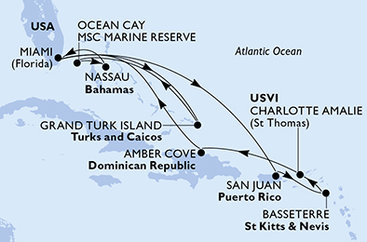 USA, Zámořské území Velké Británie, Bahamy, Svatý Kryštof a Nevis, Dominikánská republika z Miami na lodi MSC Meraviglia